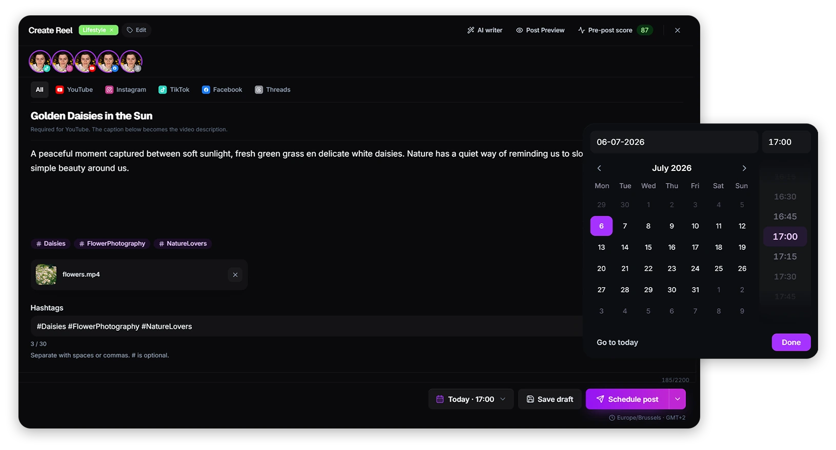 Create modal with channels, caption, hashtags, video and date picker