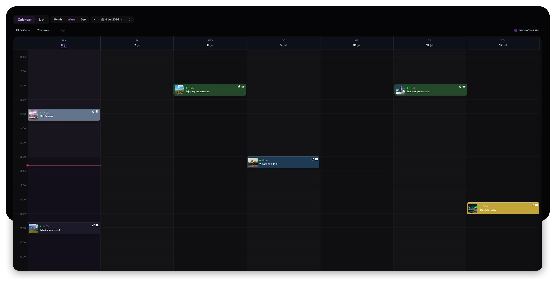 Week calendar in Uploadlane with scheduled posts per day and time slot